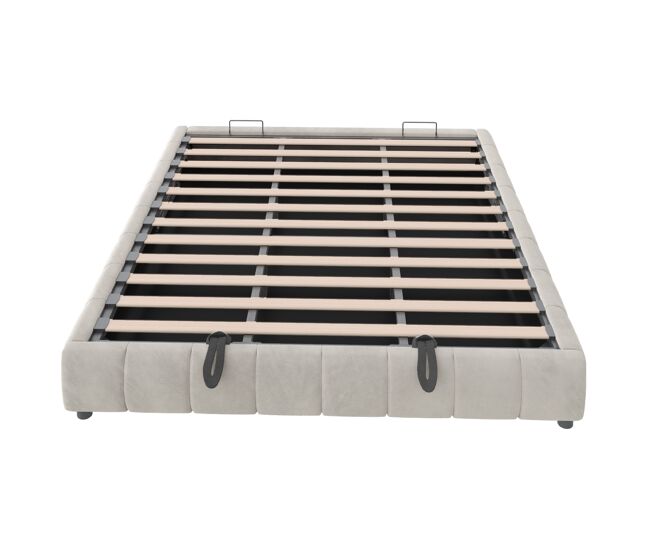 Cama individual 180x200 cm - marco flotante hidráulico con almacenamiento, sin cabecera, con tira led, beige