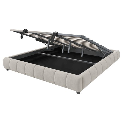 Cama individual 180x200 cm - Estrutura flutuante hidráulica com arrumação, sem cabeceira, com faixa LED, bege