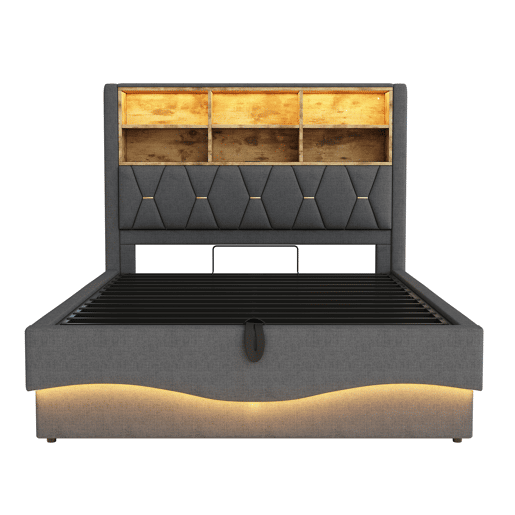 Cama estofada 140x200 cm - Com armazenamento hidráulico, luz LED controlada por APP, porta USB, base de metal - Cinza