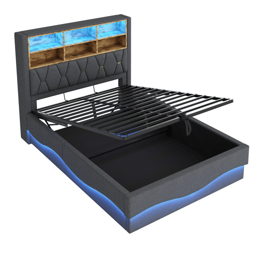 Cama estofada 140x200 cm - Com armazenamento hidráulico, luz LED controlada por APP, porta USB, base de metal - Cinza