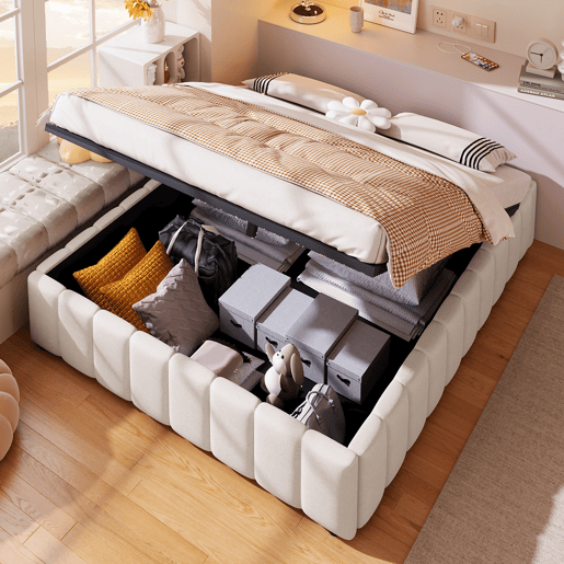 Cama estofada 140x200cm - Armazenamento hidráulico, sem cabeceira, sem colchão - Bege