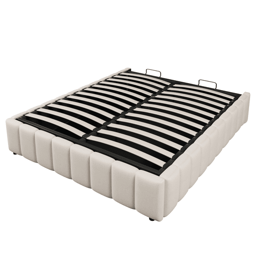 Cama estofada 140x200cm - Armazenamento hidráulico, sem cabeceira, sem colchão - Bege