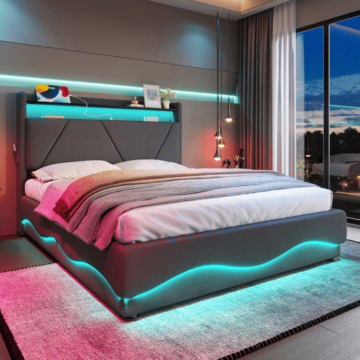 Cama estofada 140x200 cm - Cabeceira com LED e superfícies de arrumação, sistema de base de gás, portas USB certificadas, bolsos laterais - Cinza