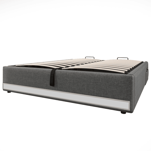 Cama com armazenamento hidráulico 140*200 cm - Com faixa LED controlável por comando, com portas USB e Tipo C, sem cabeceira, com pequenos bolsos - Cinza