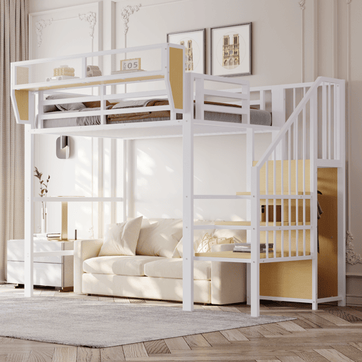 Cama alta 90x200 - Com escada de segurança e compartimento de arrumação flexível - Branco