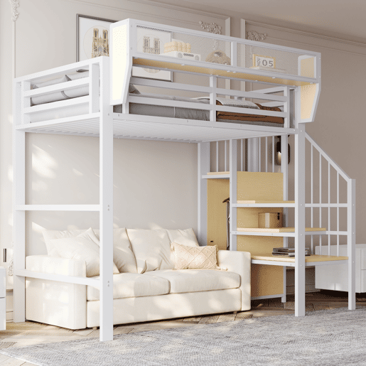 Cama alta 90x200 - Com escada de segurança e compartimento de arrumação flexível - Branco