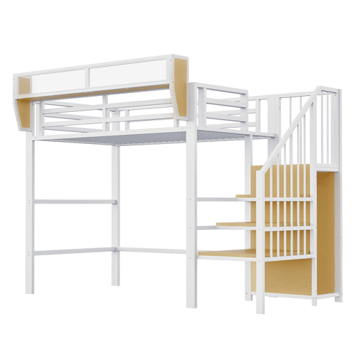 Cama alta 90x200 - Com escada de segurança e compartimento de arrumação flexível - Branco