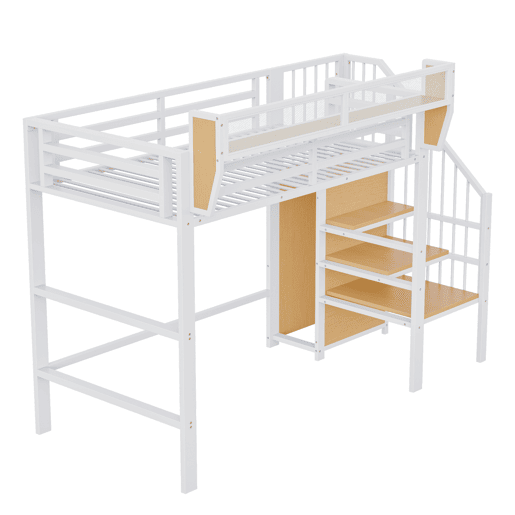 Cama alta 90x200 - Com escada de segurança e compartimento de arrumação flexível - Branco