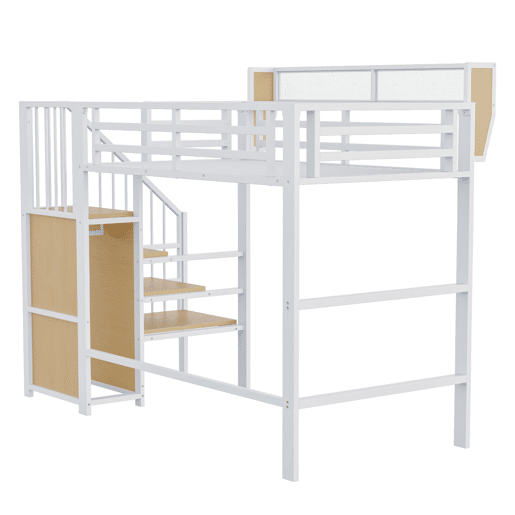 Cama alta 90x200 - Com escada de segurança e compartimento de arrumação flexível - Branco