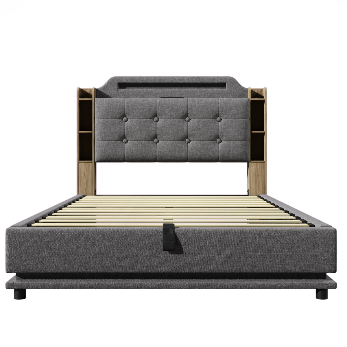 cama tapizada 140200 cm - con tira led almacenamiento hidraulico varios compartimentos sin colchon usb  type-c lino - gris