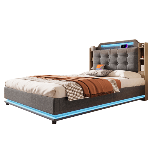 Cama estofada 140*200 cm - Com faixa LED, armazenamento hidráulico, vários compartimentos, sem colchão, USB + TYPE-C, linho - Cinza