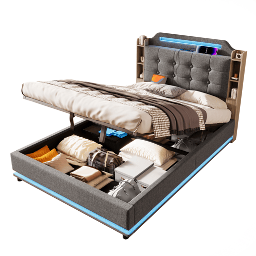 Cama estofada 140*200 cm - Com faixa LED, armazenamento hidráulico, vários compartimentos, sem colchão, USB + TYPE-C, linho - Cinza