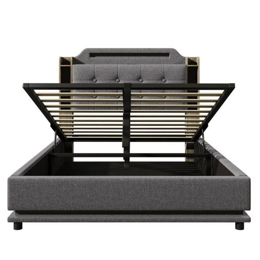 Cama estofada 140*200 cm - Com faixa LED, armazenamento hidráulico, vários compartimentos, sem colchão, USB + TYPE-C, linho - Cinza