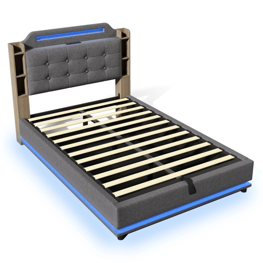 Cama estofada 140*200 cm - Com faixa LED, armazenamento hidráulico, vários compartimentos, sem colchão, USB + TYPE-C, linho - Cinza