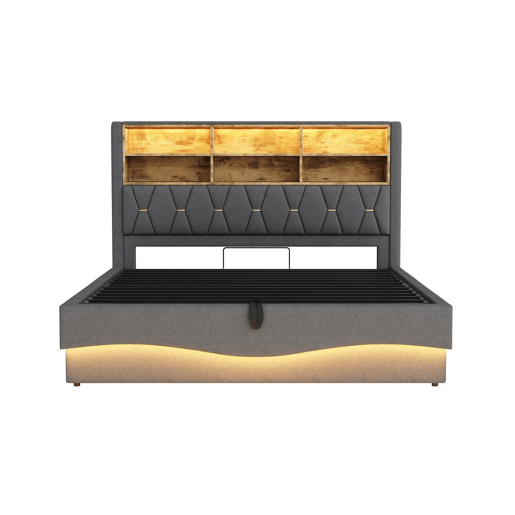 Cama estofada 180x200 - Com espaço de armazenamento hidráulico, faixa de luz LED controlada por APP, porta USB, base de metal - Cinza
