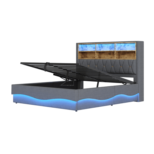 Cama estofada 180x200 - Com espaço de armazenamento hidráulico, faixa de luz LED controlada por APP, porta USB, base de metal - Cinza
