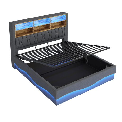Cama estofada 180x200 - Com espaço de armazenamento hidráulico, faixa de luz LED controlada por APP, porta USB, base de metal - Cinza