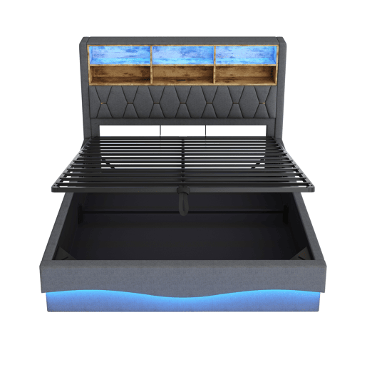Cama estofada 180x200 - Com espaço de armazenamento hidráulico, faixa de luz LED controlada por APP, porta USB, base de metal - Cinza