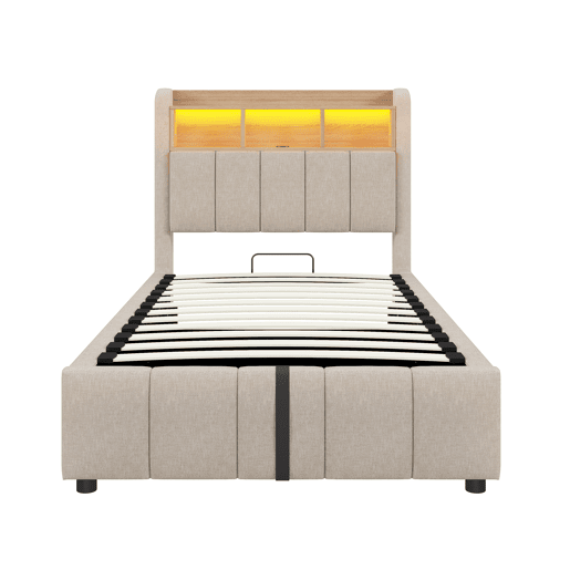 Cama individual 90*200 cm - Com iluminação LED, porta USB, cabeceira com prateleiras e arrumação, arrumação hidráulica - Linho bege Cama individual 90*200 cm - Com iluminação LED, porta USB, cabeceira com prateleiras e arrumação, arrumação hidráulica - Linho bege