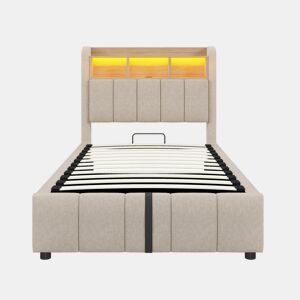 Cama individual 90*200 cm - Com iluminação LED, porta USB, cabeceira com prateleiras e arrumação, arrumação hidráulica - Linho bege