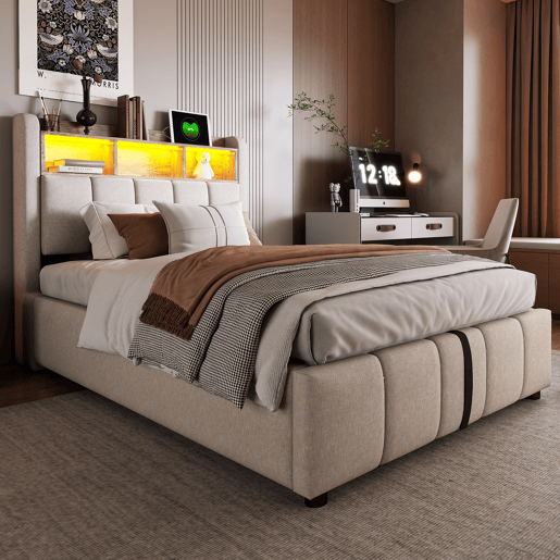 Cama individual 90*200 cm - Com iluminação LED, porta USB, cabeceira com prateleiras e arrumação, arrumação hidráulica - Linho bege Cama individual 90*200 cm - Com iluminação LED, porta USB, cabeceira com prateleiras e arrumação, arrumação hidráulica - Linho bege