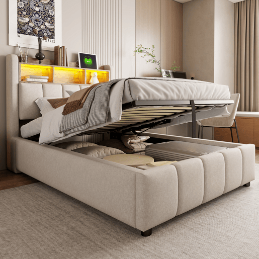 Cama individual 90*200 cm - Com iluminação LED, porta USB, cabeceira com prateleiras e arrumação, arrumação hidráulica - Linho bege Cama individual 90*200 cm - Com iluminação LED, porta USB, cabeceira com prateleiras e arrumação, arrumação hidráulica - Linho bege