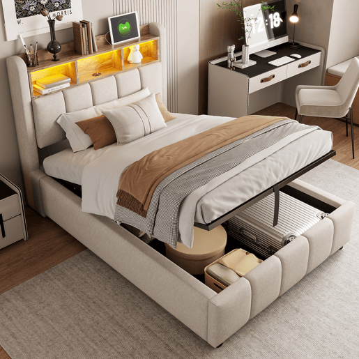 Cama individual 90*200 cm - Com iluminação LED, porta USB, cabeceira com prateleiras e arrumação, arrumação hidráulica - Linho bege Cama individual 90*200 cm - Com iluminação LED, porta USB, cabeceira com prateleiras e arrumação, arrumação hidráulica - Linho bege
