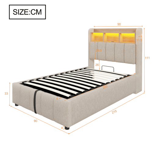 Cama individual 90*200 cm - Com iluminação LED, porta USB, cabeceira com prateleiras e arrumação, arrumação hidráulica - Linho bege Cama individual 90*200 cm - Com iluminação LED, porta USB, cabeceira com prateleiras e arrumação, arrumação hidráulica - Linho bege
