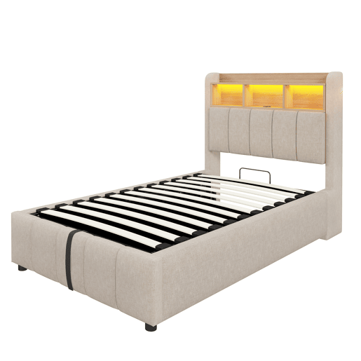 Cama individual 90*200 cm - Com iluminação LED, porta USB, cabeceira com prateleiras e arrumação, arrumação hidráulica - Linho bege Cama individual 90*200 cm - Com iluminação LED, porta USB, cabeceira com prateleiras e arrumação, arrumação hidráulica - Linho bege