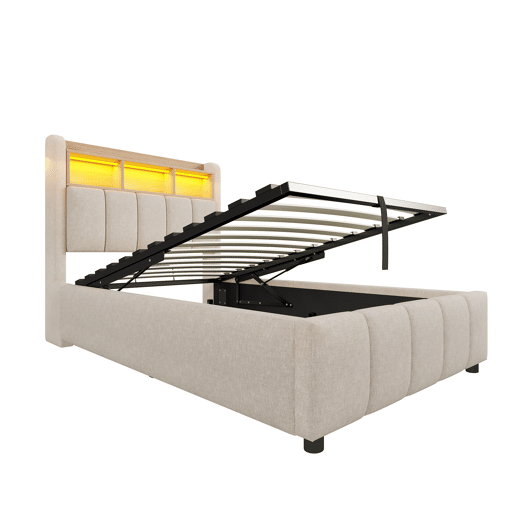 Cama individual 90*200 cm - Com iluminação LED, porta USB, cabeceira com prateleiras e arrumação, arrumação hidráulica - Linho bege Cama individual 90*200 cm - Com iluminação LED, porta USB, cabeceira com prateleiras e arrumação, arrumação hidráulica - Linho bege