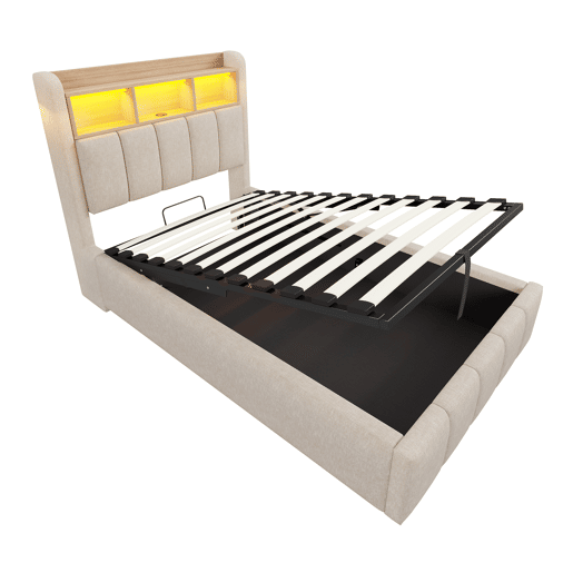 Cama individual 90*200 cm - Com iluminação LED, porta USB, cabeceira com prateleiras e arrumação, arrumação hidráulica - Linho bege Cama individual 90*200 cm - Com iluminação LED, porta USB, cabeceira com prateleiras e arrumação, arrumação hidráulica - Linho bege