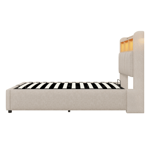 Cama individual 90*200 cm - Com iluminação LED, porta USB, cabeceira com prateleiras e arrumação, arrumação hidráulica - Linho bege Cama individual 90*200 cm - Com iluminação LED, porta USB, cabeceira com prateleiras e arrumação, arrumação hidráulica - Linho bege