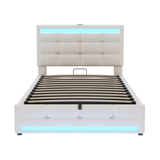 Cama infantil 90*200 - Cama com armazenamento hidráulico, USB e luz LED que muda de cor - Bege