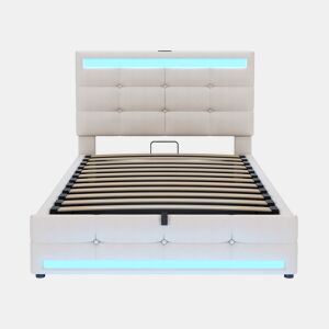 Cama infantil 90*200 - Cama com armazenamento hidráulico, USB e luz LED que muda de cor - Bege