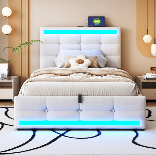 Cama infantil 90*200 - Cama com armazenamento hidráulico, USB e luz LED que muda de cor - Bege