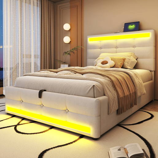 Cama infantil 90*200 - Cama com armazenamento hidráulico, USB e luz LED que muda de cor - Bege