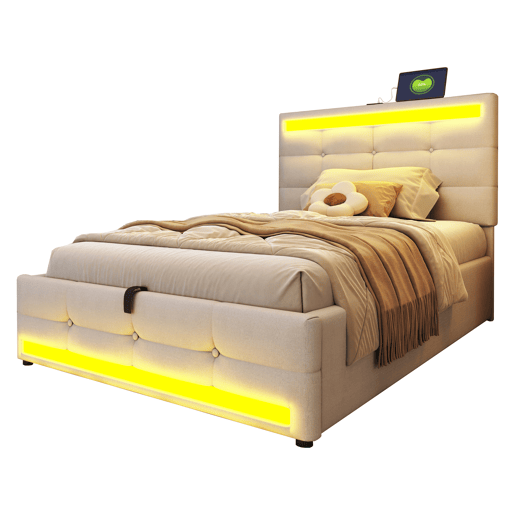 Cama infantil 90*200 - Cama com armazenamento hidráulico, USB e luz LED que muda de cor - Bege