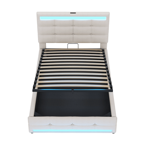 Cama infantil 90*200 - Cama com armazenamento hidráulico, USB e luz LED que muda de cor - Bege