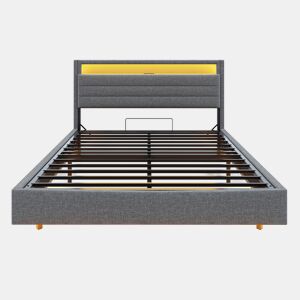 Cama estofada 140x200 cm - Estrutura flutuante hidráulica com arrumação, USB e luz LED, cabeceira reversível - Cinza