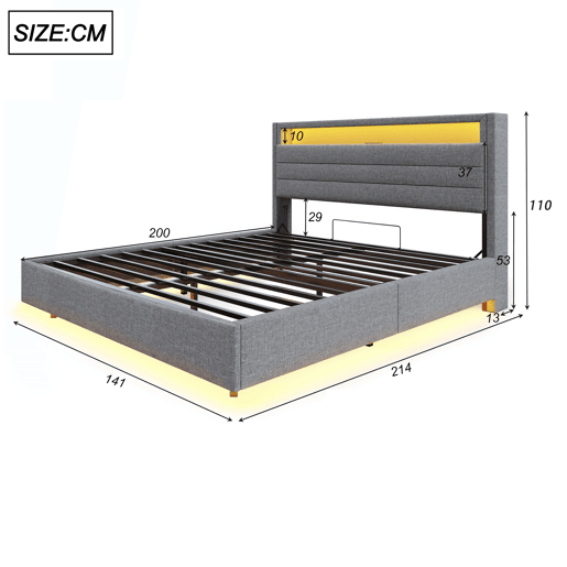 Cama estofada 140x200 cm - Estrutura flutuante hidráulica com arrumação, USB e luz LED, cabeceira reversível - Cinza