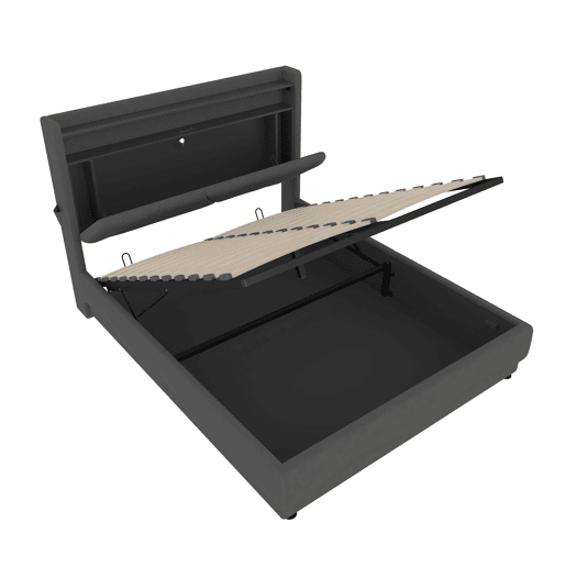 Cama estofada 160x200 cm - Cabeceira com LED, armazenamento adicional, base silenciosa, portas USB certificadas - Cinza