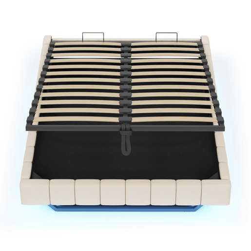 Cama estofada 140x200 cm - Estrutura flutuante hidráulica com arrumação, cama multifuncional sem cabeceira com luz LED - Bege