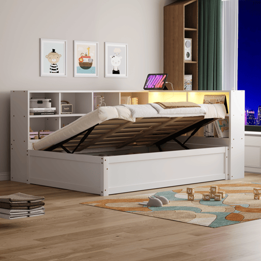 Sofá-cama 90*200 - Com tomada múltipla, vários compartimentos de arrumação, faixa de luzes, cama hidráulica, cama de madeira maciça, cama individual, cama multifuncional de madeira - Branco