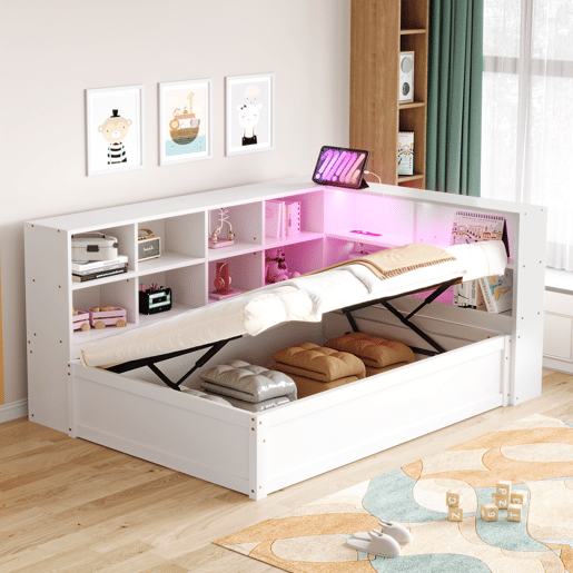 Sofá-cama 90*200 - Com tomada múltipla, vários compartimentos de arrumação, faixa de luzes, cama hidráulica, cama de madeira maciça, cama individual, cama multifuncional de madeira - Branco