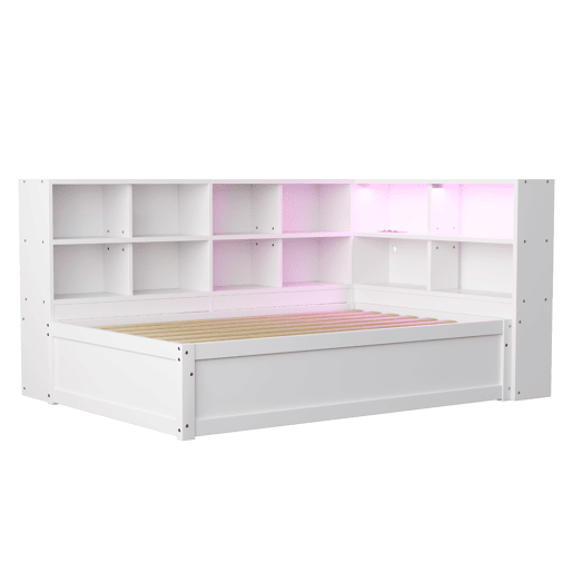 Sofá-cama 90*200 - Com tomada múltipla, vários compartimentos de arrumação, faixa de luzes, cama hidráulica, cama de madeira maciça, cama individual, cama multifuncional de madeira - Branco