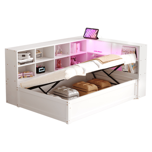 Sofá-cama 90*200 - Com tomada múltipla, vários compartimentos de arrumação, faixa de luzes, cama hidráulica, cama de madeira maciça, cama individual, cama multifuncional de madeira - Branco