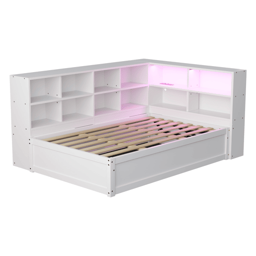 Sofá-cama 90*200 - Com tomada múltipla, vários compartimentos de arrumação, faixa de luzes, cama hidráulica, cama de madeira maciça, cama individual, cama multifuncional de madeira - Branco