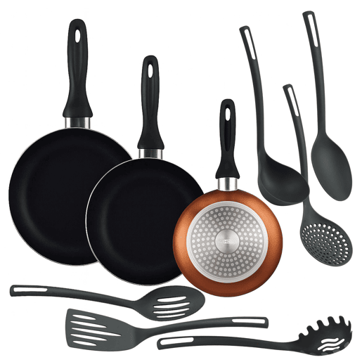 Conjunto de 3 frigideiras + 6 utensílios de cozinha Well Home