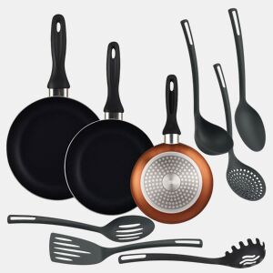 Conjunto de 3 frigideiras + 6 utensílios de cozinha Well Home