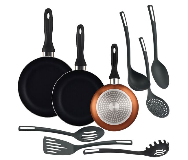 Well home set de 3 sartenes ø16ø20ø24cm de aluminio en bronce metalizado + 6 utensilios de cocina en pbt color negro